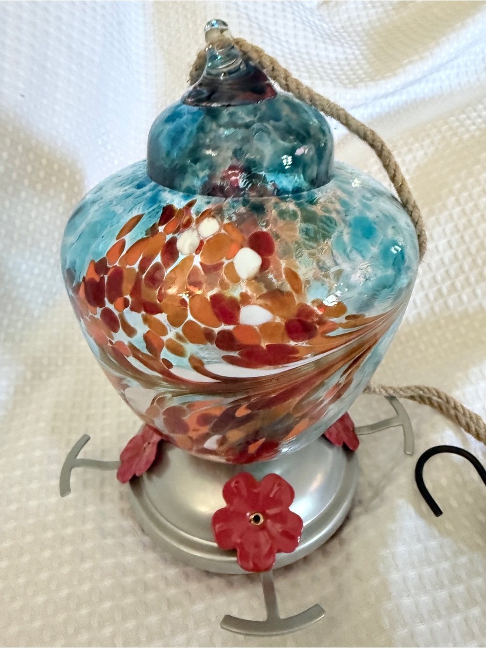 Brand New Hand Blown Glass Hummingbird Feeder New Aqua Orange Speckled Art Glass